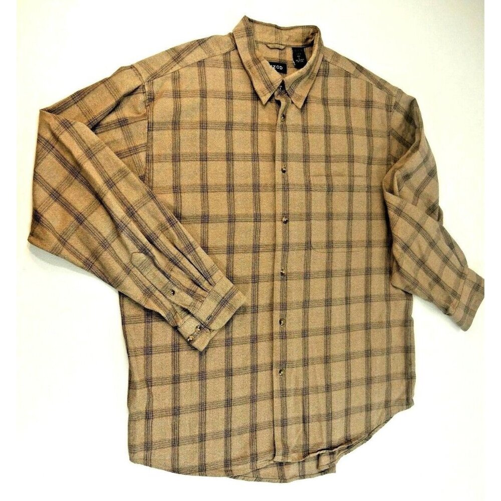 IZOD Brown Tan Plaid Long Sleeve Button Front Shirt Over Shirt Mens L Large EUC